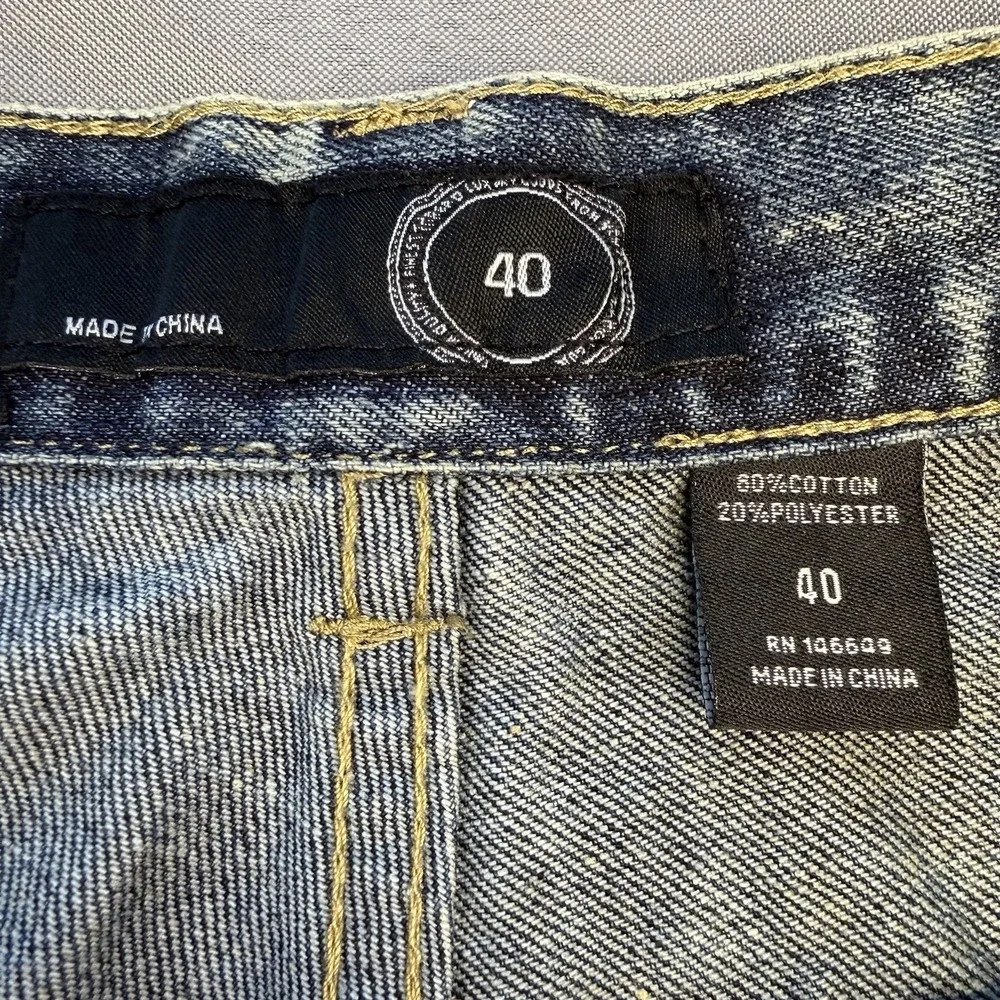 Finest‎ Thread Luxury Goods Mens Acid Wash Jean Shorts Size 40 Army Patches